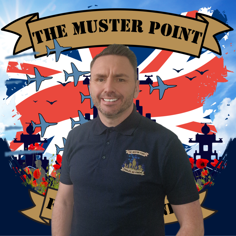 Two hosts of "The Muster Point Podcast" stand against a background featuring planes and a UK flag.